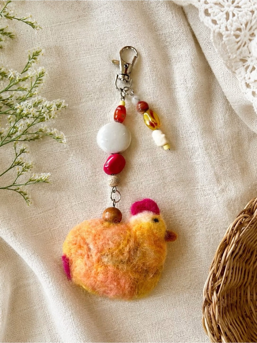 Handmade Felt Chicken Keychain with Beaded Charm
